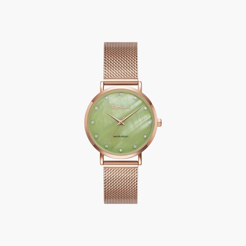 OMAX Rose Gold Mesh Watch with Green Dial - Image 1